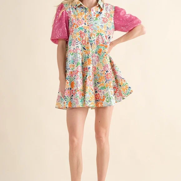 081 • Floral Button-Front Baby Doll Cotton Dress with Pink Puff Sequined Sleeves - Picture 5 of 12